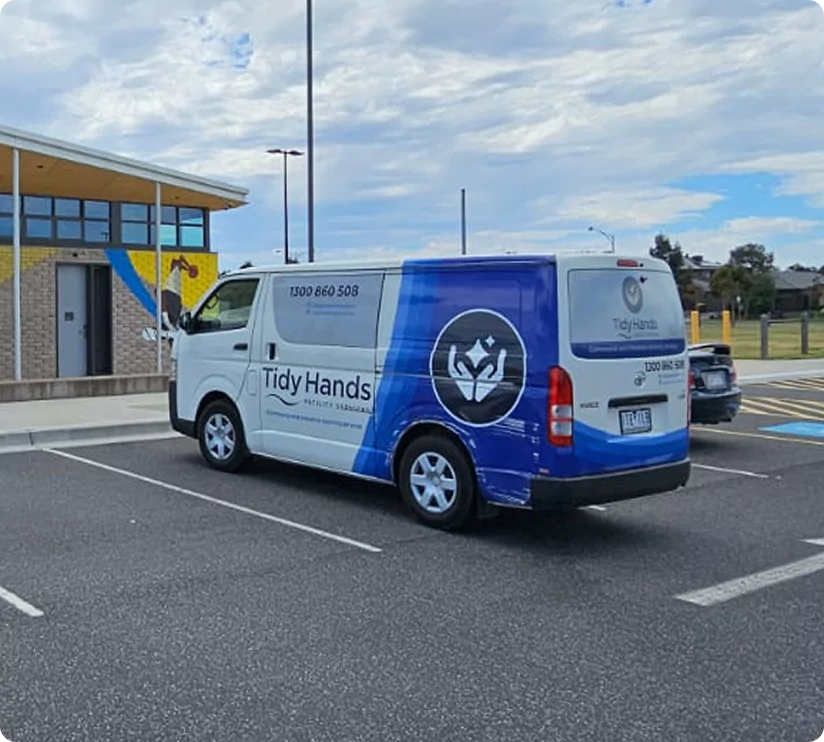 Tidy Hands industrial cleaning van arriving at a Melbourne warehouse.